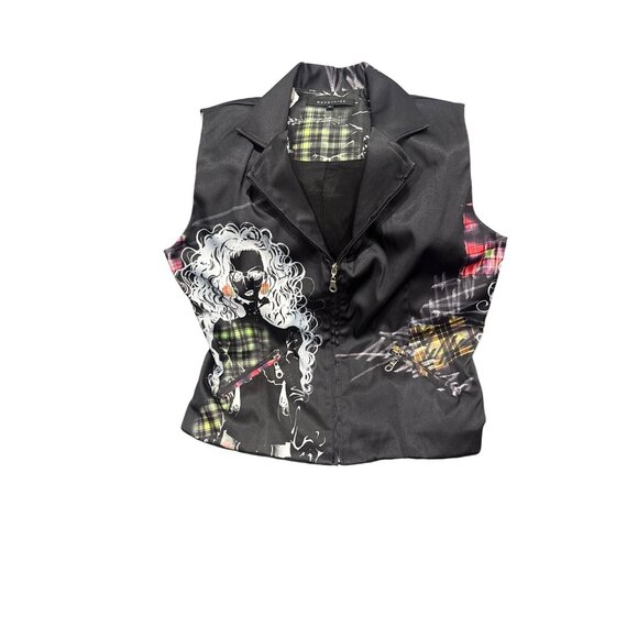 Rave EDC Biker Anime Zip-Front Black Sleeveless Top Pockets Plaid Accents By Mes - Picture 1 of 9